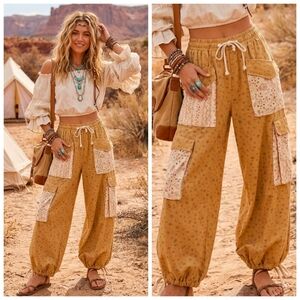 Blue Velvet Tan Floral Joggers Eyelit Cargo Pocket